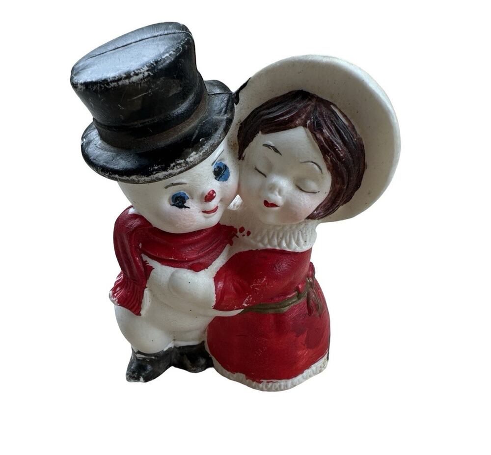 Vintage Snowman Girl Caroller Couple 4.5" Tall Soft Blow Mold Plastic Figure